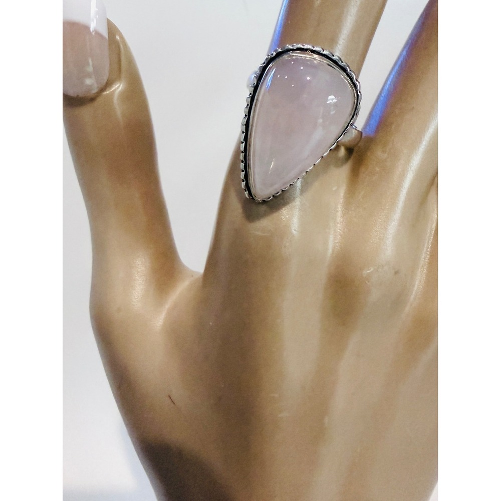 Hand Crafted Ring Women Size 7 Pink Excellent Rose Quartz Teardrop Silver Plated
